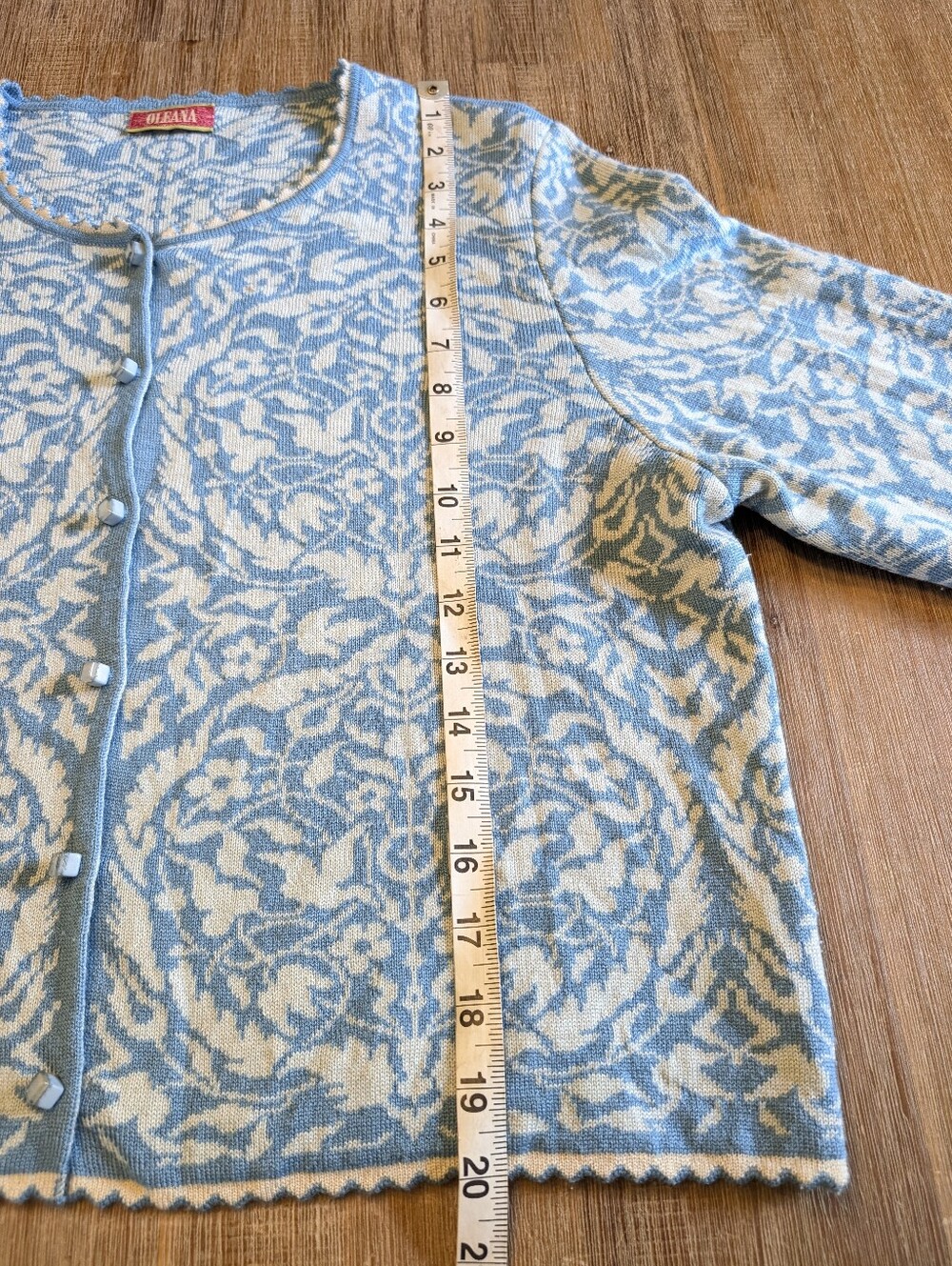 OLEANA Norway "Signe" Floral Damask Knit Cardigan Blue Merino & Silk Vintage